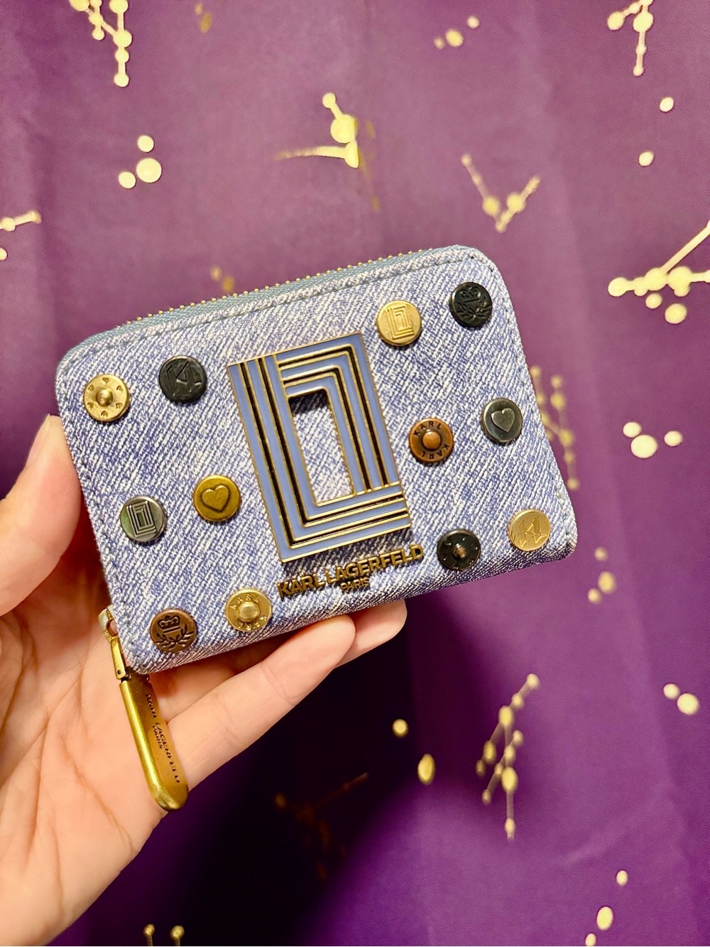 Karl Lagerfeld Blue Denim Paris Karl Adler Zipper Card Wallet